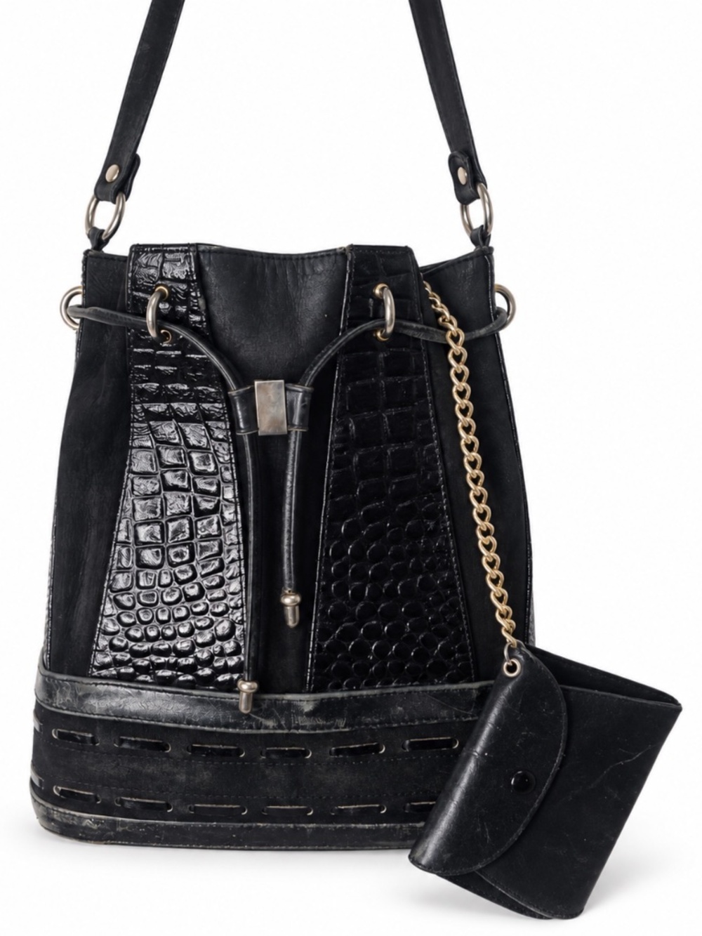 Vintage Due Fratelli Black Genuine Leather Croc Embossed Bucket Bag with Pouch